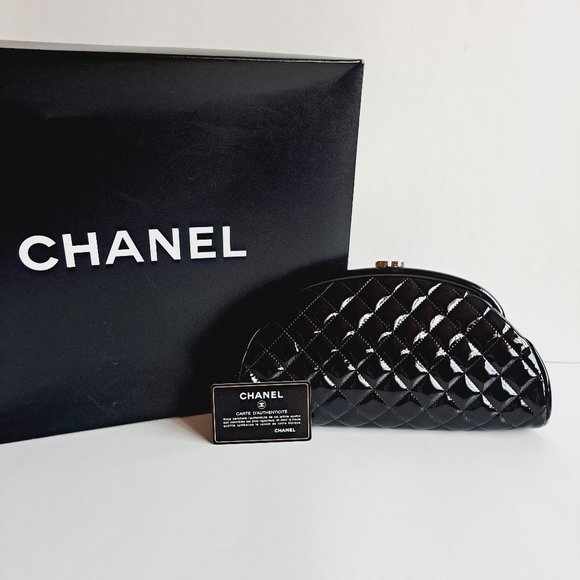 New Chanel Half Moon Black Patent Leather Clutch Purse Bag - Picture 1 of 16